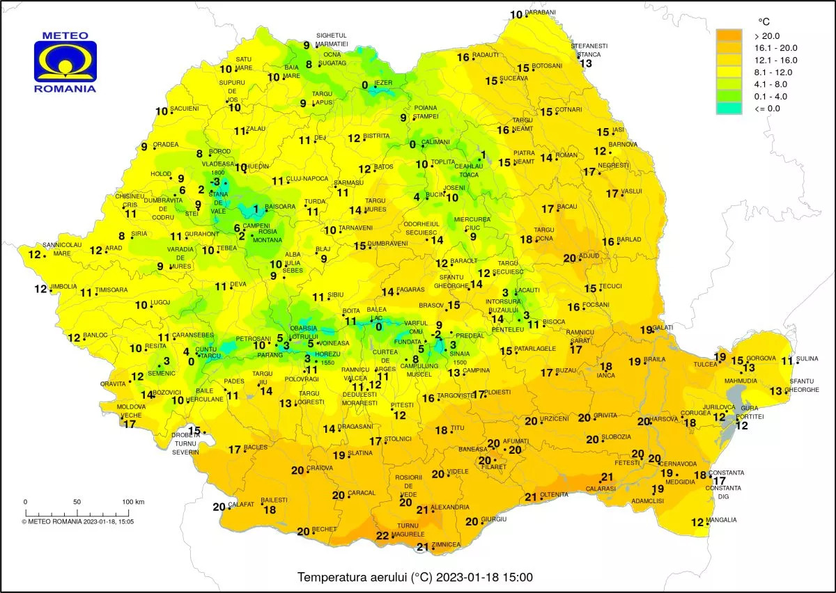 Harta temperaturilor de la ora 15:00 /FOTO: meteoromania.ro