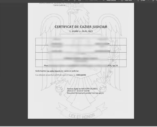 Certificat cazier judiciar online, din 1 februarie 2023/captură foto: hub.mai.gov.ro