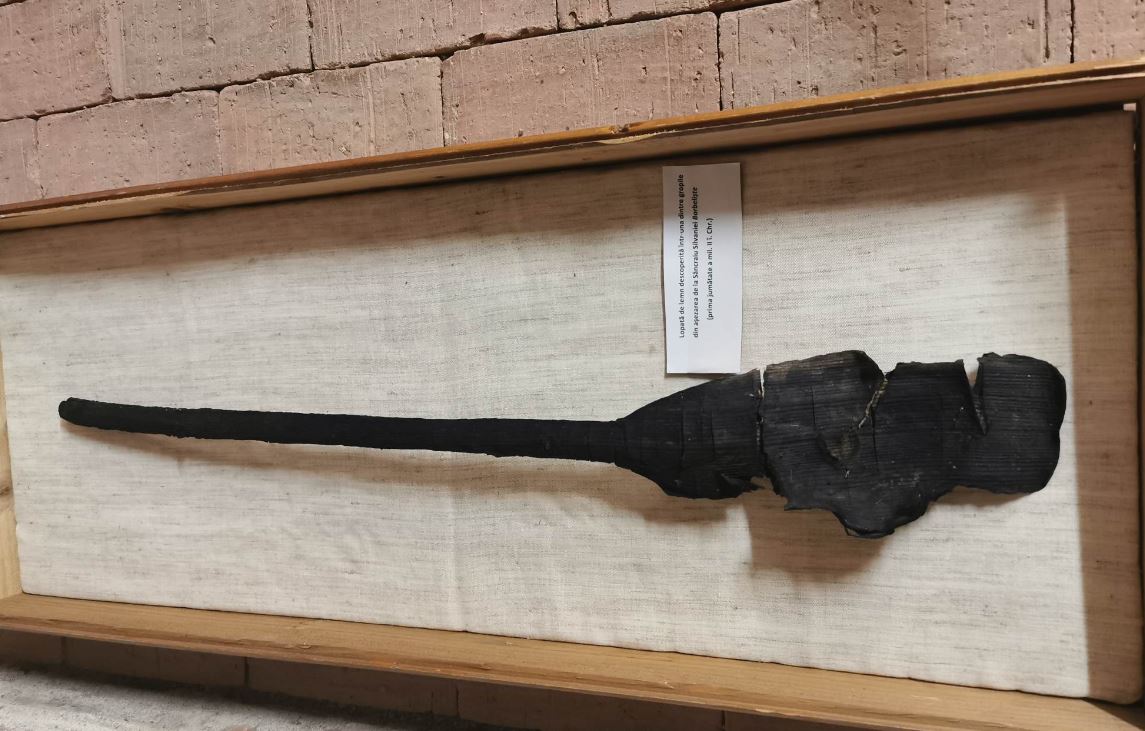 Lopată de lemn, descoperită pe A3 / Foto: Facebook - Muzeul Judeţean de Istorie şi Artă - Zalău