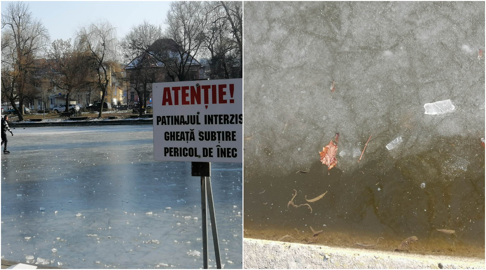 Tot mai multe persoane se dau cu patinele pe Lacul Chios din Parcul Central chiar dacă acest lucru este interzis și există avertismente/ Foto: monitorulcj.ro