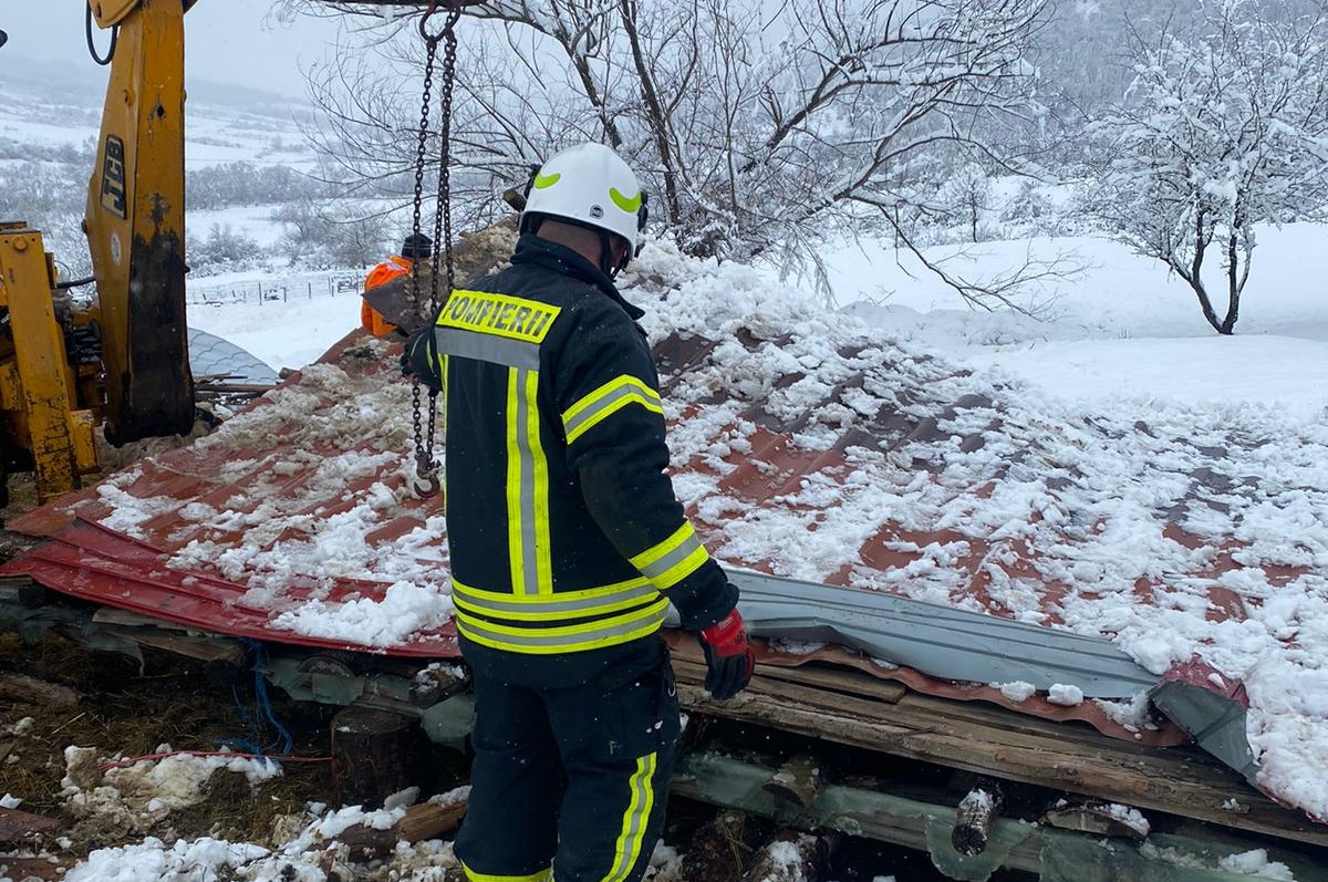 Din cauza greutății zăpezii, acoperișul unui adăpost din comuna Aghireșu, județul Cluj, s-a prăbușit peste 200 de oi/ Foto: ISU Cluj