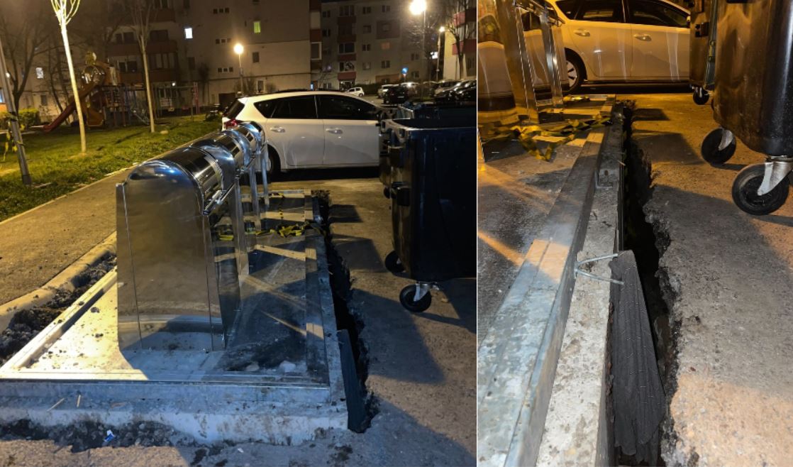 Un clujean s-a accidentat din cauza lucrărilor neterminate la pubelele subterane de pe strada Ion Meșter / Foto: cititor monitorulcj.ro