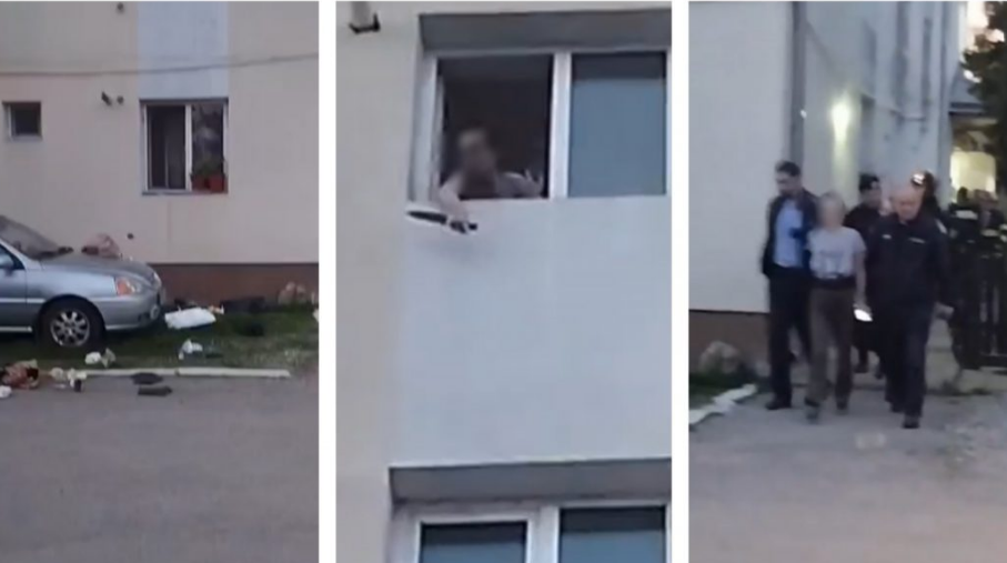 O femeie din Dej şi-a terorizat vecinii de bloc, după ce a început să facă scandal și să arunce de la geam cuțite și alte obiecte în mașini și oameni/ Foto: dejeanul.ro