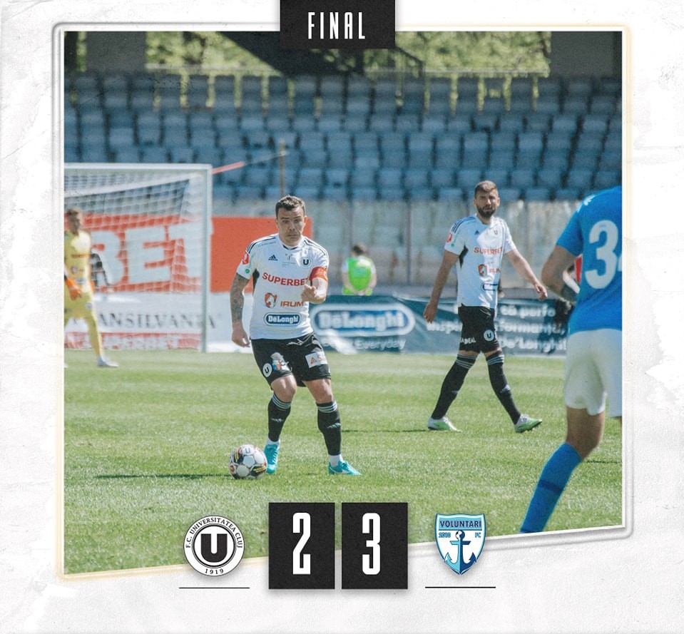 ”U” Cluj a pierdut meciul cu FC Voluntari, scor 2-3, în play-out-ul Superligii. FOTO: Facebook/ FC Universitatea Cluj