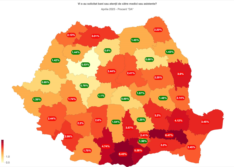 Harta Șpăgii din spitalele din România în aprilie 2023 - Unde se situează Clujul în top și unde cer cei mai mulți medici mită / Foto: Facebook - Dragos Vana, graphs.ro