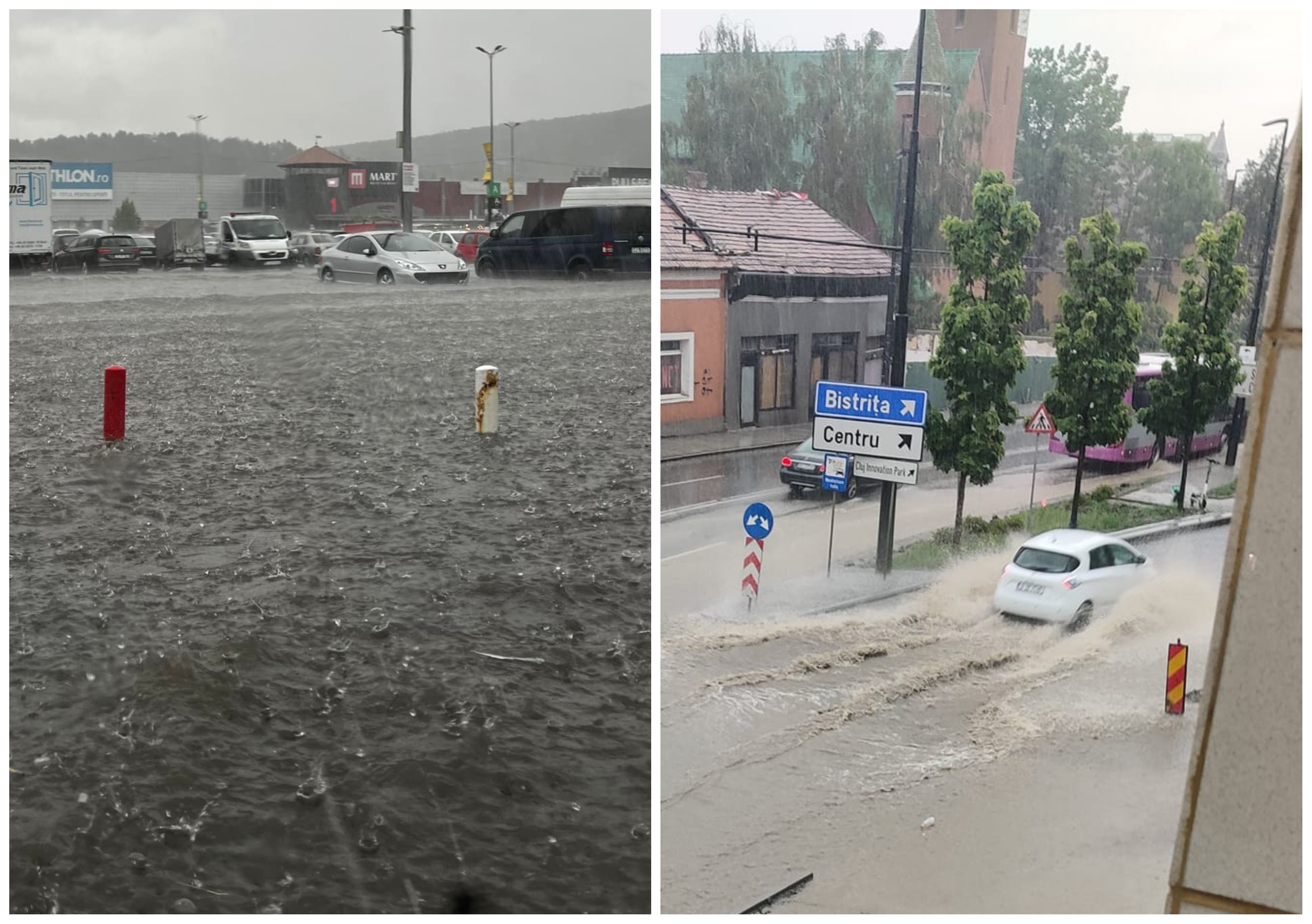 Ploaia de ieri a inundat mai multe străzi din oraș, sistemul de canalizare dovedindu-se depășit. FOTO: Stânga - Info Trafic Cluj-Napoca - Facebook; Dreapta - Facebook/ Clujul urbanistic