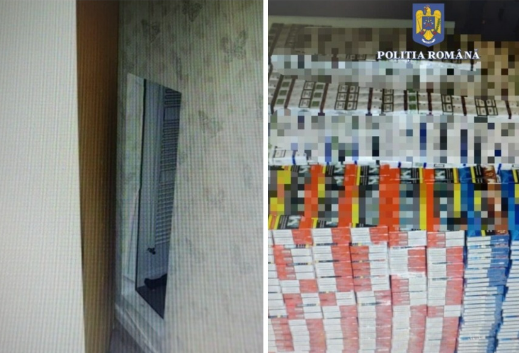 Peste 7.500 de pachete de ţigări de contrabandă au fost descoperite într-o cameră secretă în județul Bihor/ Foto: ebihoreanul.ro