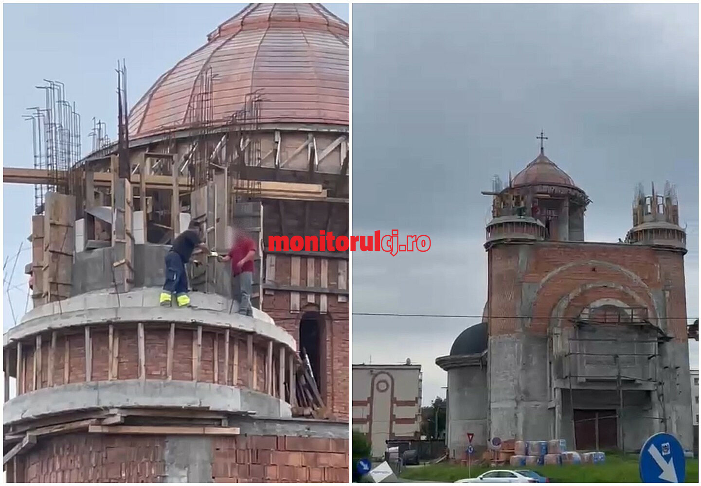 Muncitorii lucrează fără măsuri de siguranță pe o biserică din Zorilor  / Foto: cititor monitorulcj.ro