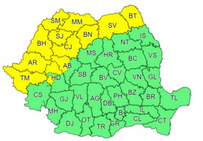 Meteorologii au emis o atenționare cod galben pentru 12 județe din România, inclusiv Cluj. Foto:  meteoromânia.ro