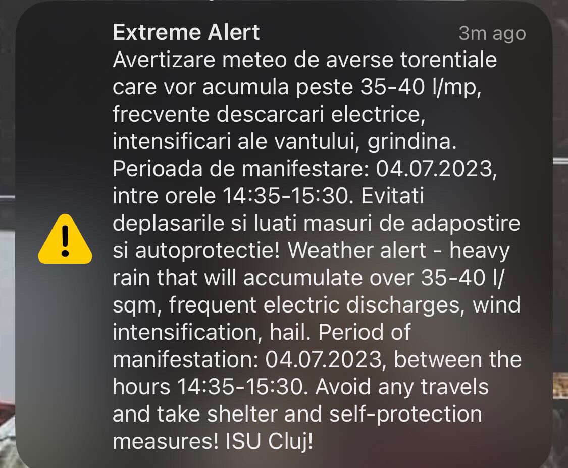 Mesaje RO-Alert privind furtuna în Florești / Foto: monitorulcj.ro