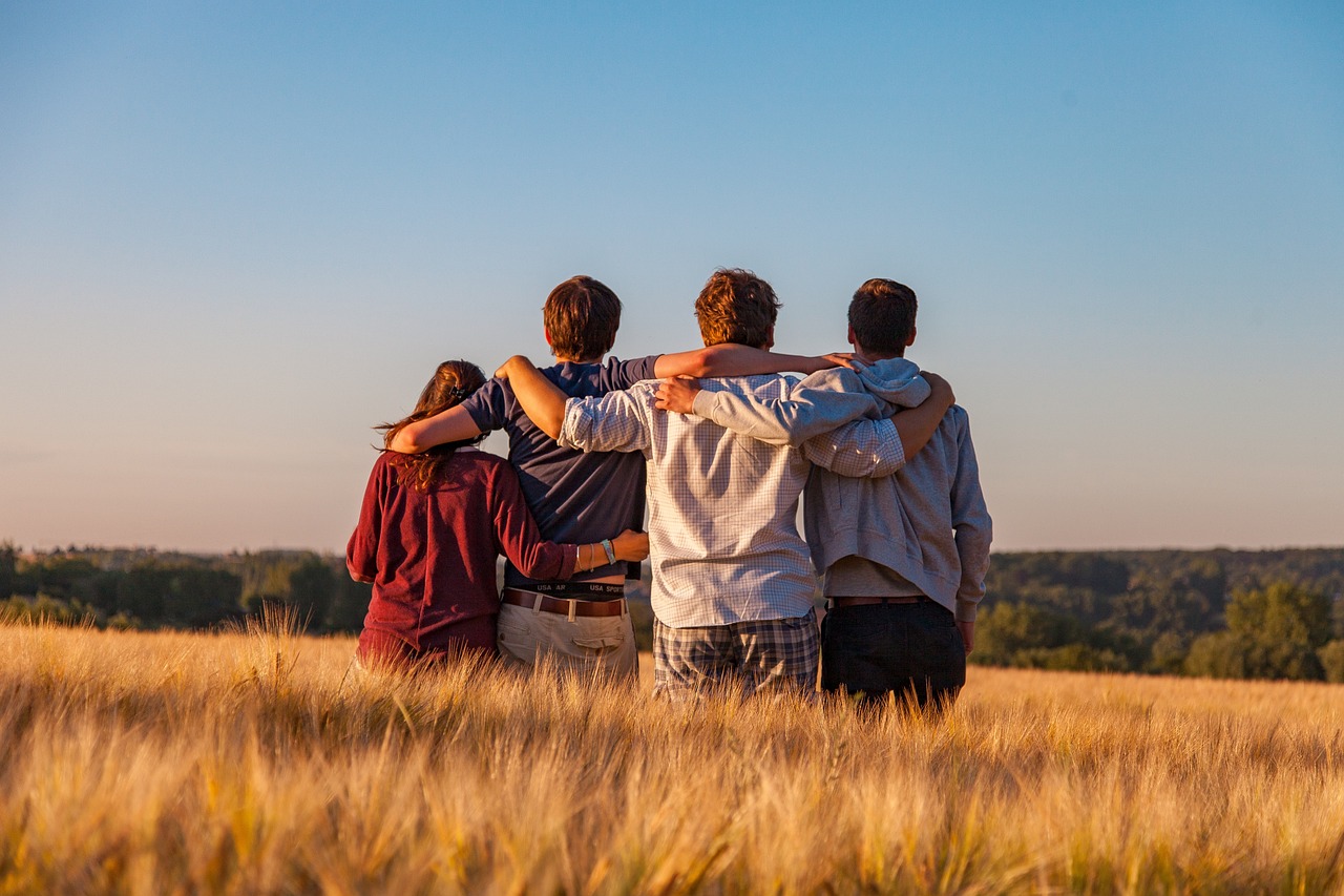 Un grup de prieteni tineri pe câmp. Foto: Pixabay