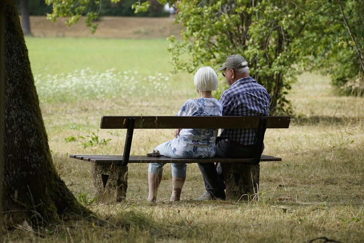 Doi pensionari stau pe bancă într-un parc. Foto: Pixabay