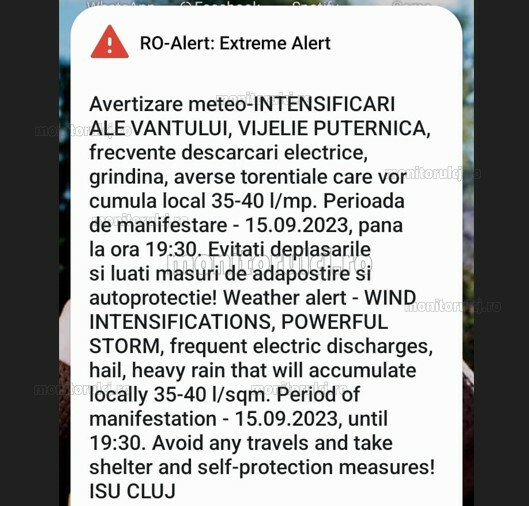 Alertă extremă de furtună. S-au emis mesaje Ro-Alert în Cluj / Foto: monitorulcj.ro