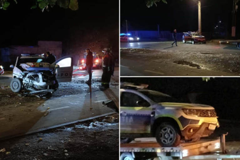 Patru poliţişti implicaţi în urmărirea unei maşini au fost răniţi, în noaptea de sâmbătă spre duminică, după ce două autospeciale de intervenţie în care se aflau s-au ciocnit/ Foto: aradon.ro