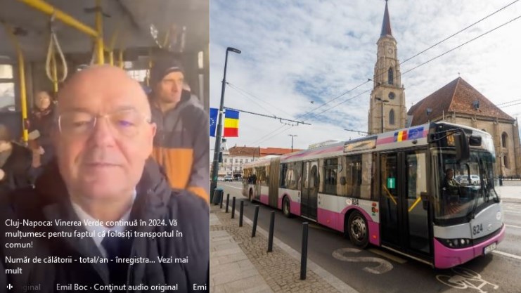 Primarul Emil Boc spune că „Vinerea Verde” a fost un succes în 2023 / Foto 1: captură ecran Reel Facebook - Emil Boc, Foto 2: Compania de Transport Public Cluj-Napoca - Facebook.