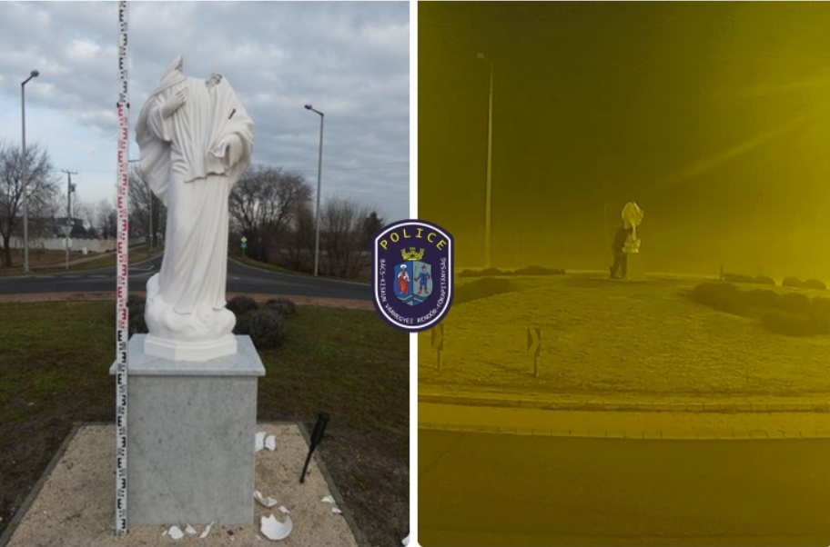 Statuia Fecioarei Maria dintr-un oraș din Ungaria, vandalizată/Foto: police.hu