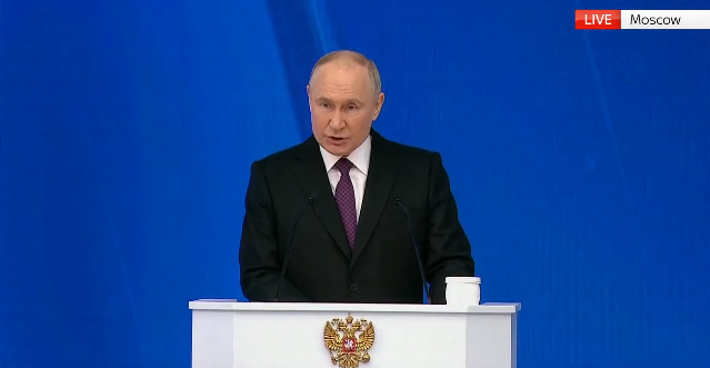 Vladimir Putin a ținut discursul său anual către națiune. Sursă foto: Captură ecran/ Youtube- Sky News