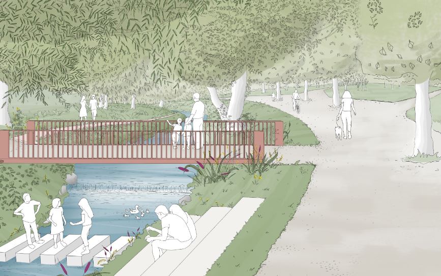 Viitorul parc de pe malul Canalului Morii „înghite” mai mulți bani. Sursa: Randare proiect