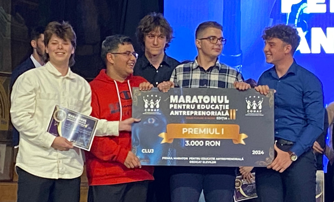 Echipa Liceului „Tiberiu Popoviciu” a câștigat premiul I la etapa județeană Cluj „Maratonul pentru Edcuație Antreprenorială”/Foto: Liceul de Informatică „Tiberiu Popoviciu” Cluj-Napoca Facebook.com
