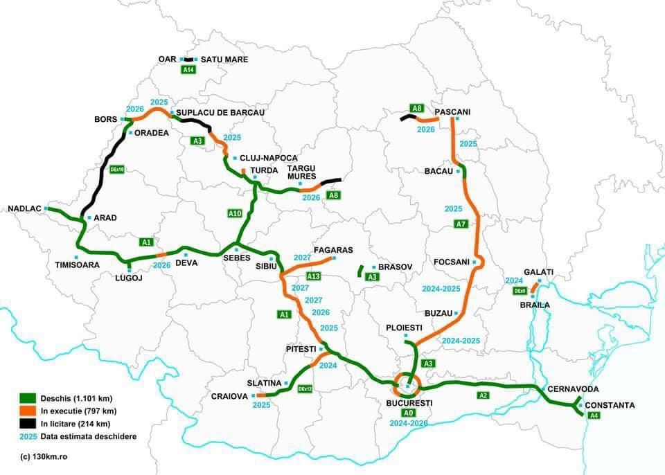 Harta autostrăzilor din România în 2030/ Foto: 130km.ro