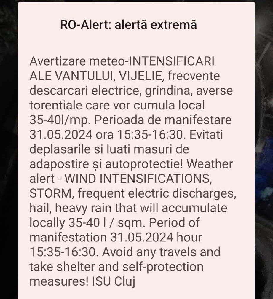 Autoritățile au emis mesaje Ro-Alert pentru locuitorii din mai multe localități din județul Cluj. A fost emis un cod portocaliu de furtună/ Foto: monitorulcj.ro