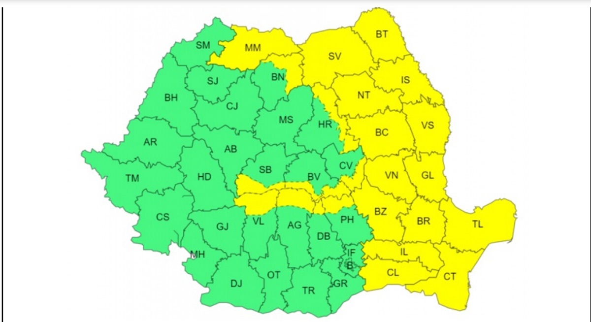 ANM a emis avertizări cod galben pentru următoarele zile, anunțând ploi abundente, vânt puternic în Moldova, Dobrogea și estul Munteniei, precum și ninsori la altitudini de peste 1700 m în Carpații Orientali și Meridionali. Foto: captură ANM