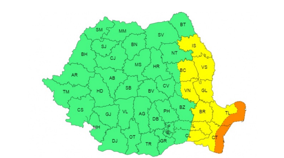 ANM a emis avertizări de cod portocaliu și galben pentru vânt puternic și ploi în mai multe regiuni ale României pentru perioada 1-2 octombrie. Foto: captură ANM
