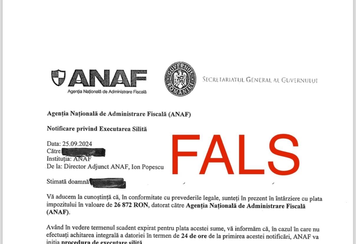 Email-uri FALSE, trimise în numele ANAF | Foto: Agenția Națională de Administrare Fiscală - Facebook