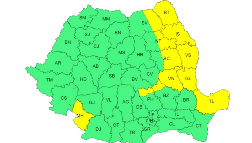 România este împărțită astăzi în două zone meteo contrastante: București se bucură de temperaturi de primăvară cu 16 grade Celsius, în timp ce Moldova, nordul Dobrogei și vestul Olteniei se află sub cod galben de vânt puternic. Foto: captură ANM