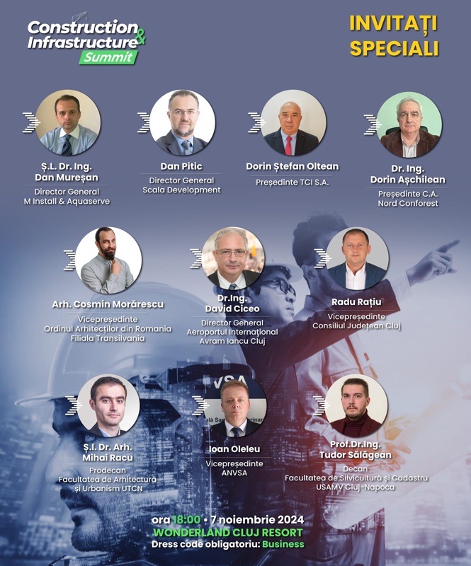 Cine sunt invitații Construction & Infrastructure Summit Cluj, un eveniment important pentru industria construcțiilor și a infrastructurii.