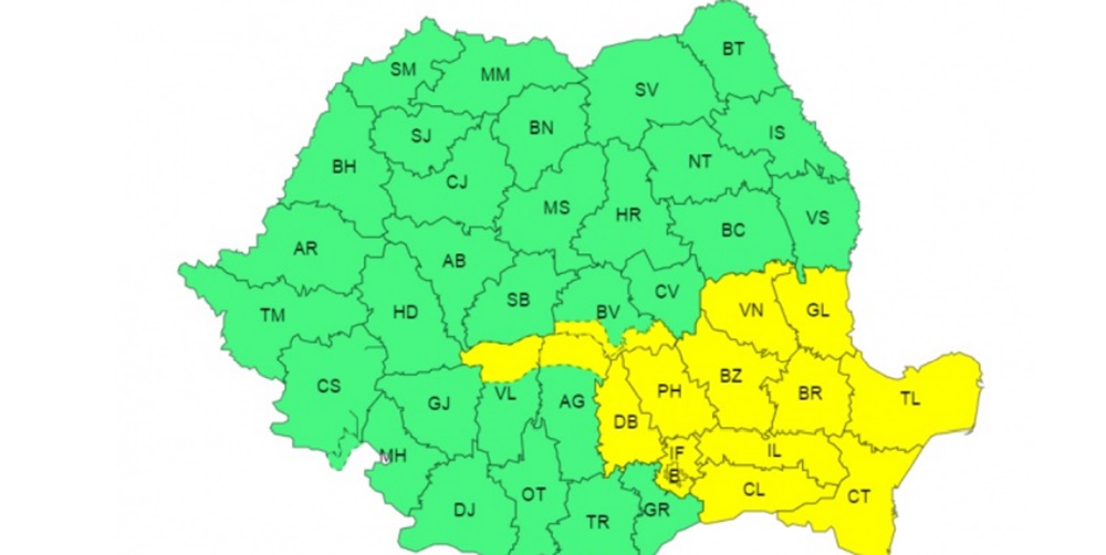 Cod galben de viscol în șapte județe montane, ploi și vânt puternic în sud-estul țării până marți. Foto: captură alertă ANM