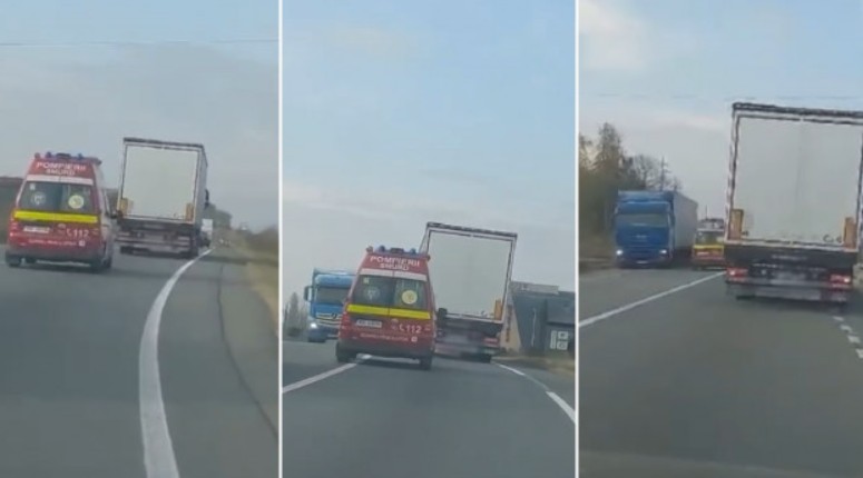 O ambulanță SMURD aflată în misiune a fost blocată să depășească un TIR| Foto: observatornews.ro