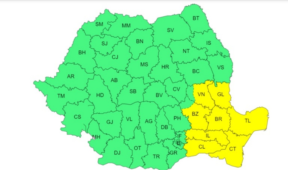 Meteorologii au emis două avertizări cod galben pentru weekend, una de vânt puternic și alta de ninsori viscolite și polei pentru sud-estul țării, în timp ce în restul teritoriului vor fi precipitații mixte și intensificări ale vântului. Foto: Captură ANM