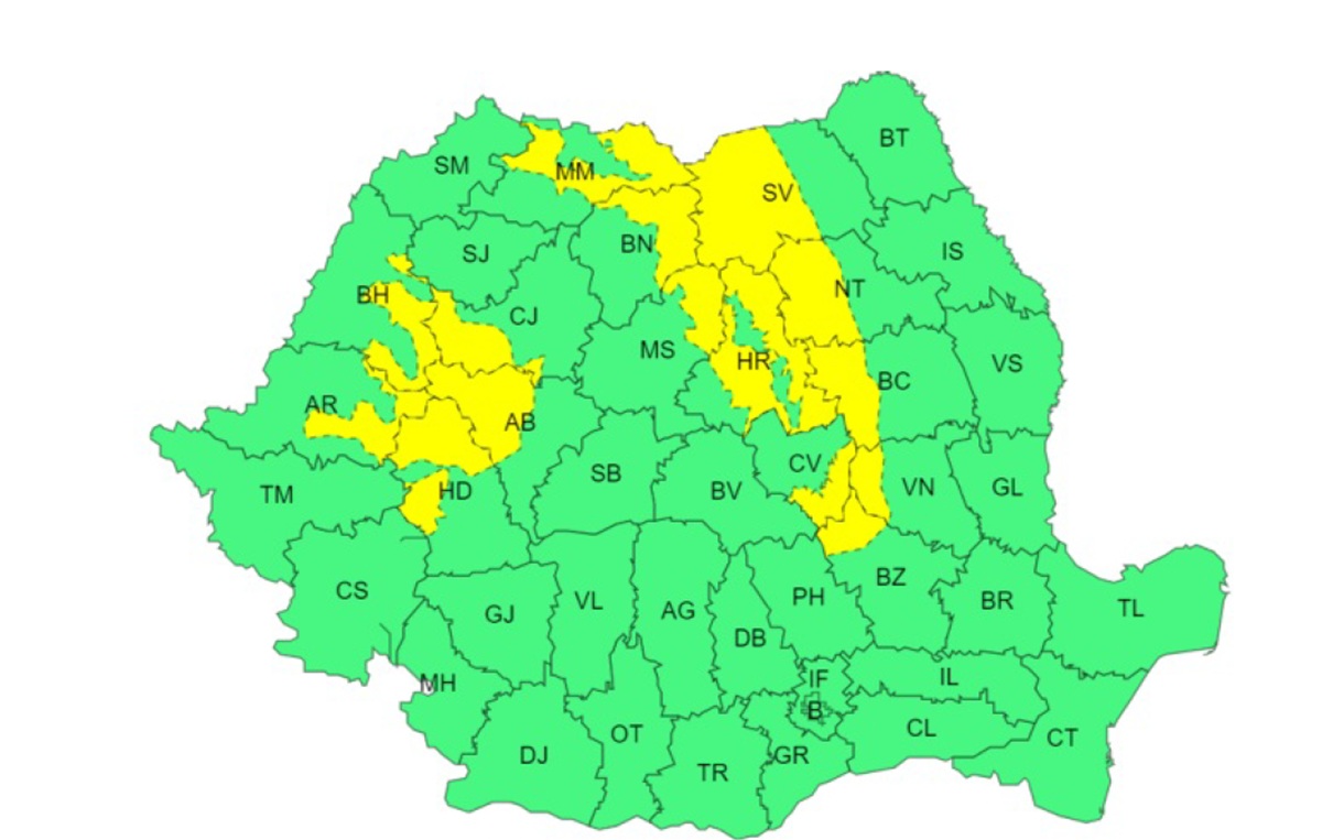Cod galben de vânt puternic în zonele montane, cu rafale de până la 110 kilometri pe oră în Munții Apuseni și Carpații Orientali, în perioada luni-miercuri. Foto: captură ANM