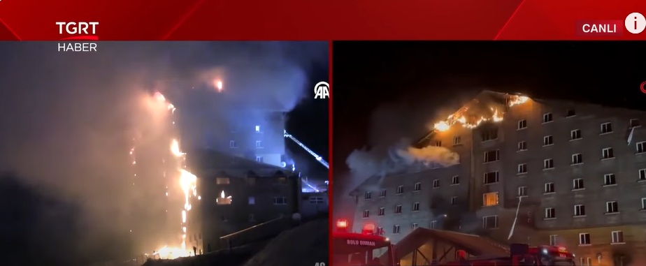 Un incendiu într-un hotel din stațiunea turcă Kartalkaya a ucis șase persoane și a rănit alte 31 în noaptea de luni spre marți. Foto: capture TGRT Haber TV