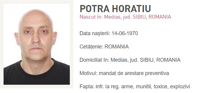 Horațiu Potra, mesaj de instigare la violenţă în urma respingerii candidaturii lui Georgescu la prezidenţiale: „Ieșiți cu armele și arestați-i pe toți cei care au dat lovitura de stat”|în imagine: Horațiu Potra, dat în urmărire generală de Poliția Română|Foto: Poliția Română