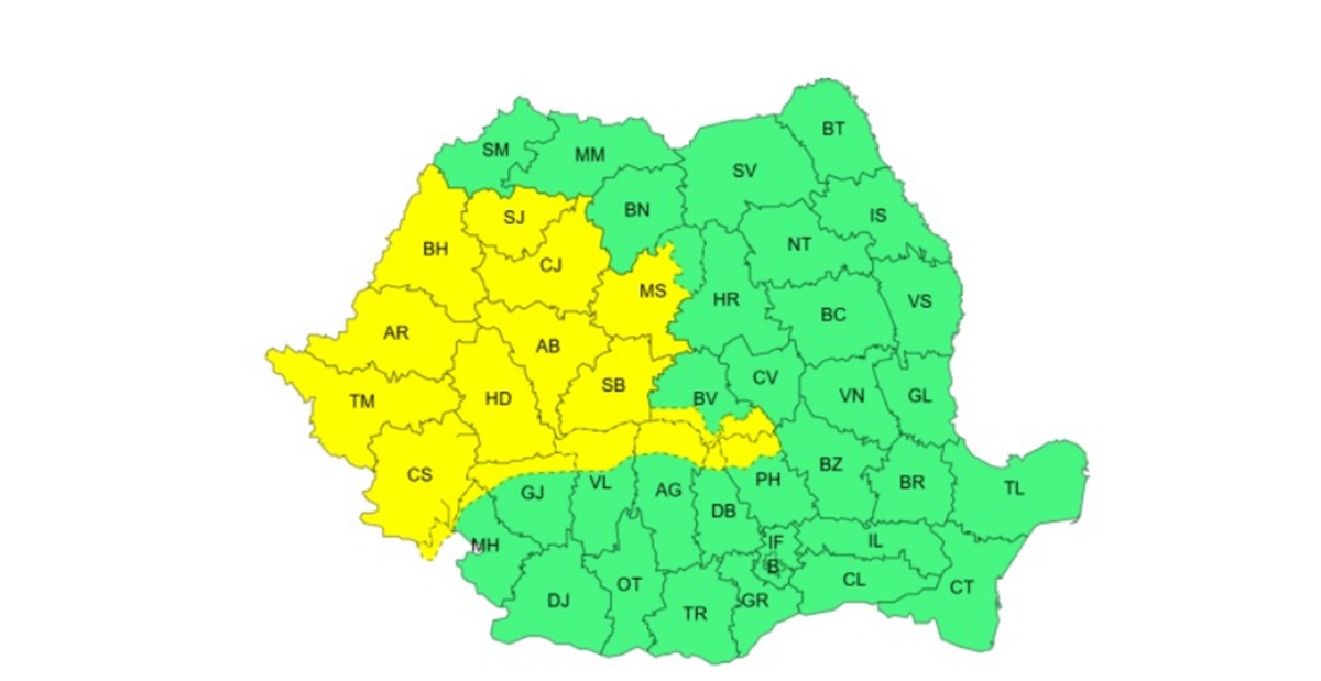 ANM a emis două coduri galbene de vânt puternic pentru vestul, centrul țării și zonele montane, valabile între 14-15 martie. Foto: captură alertă ANM