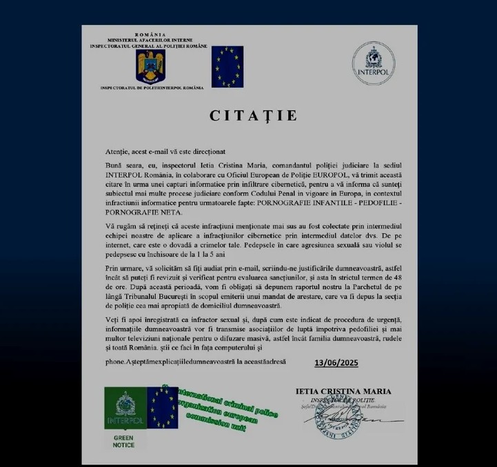 Citaţii false trimise în numele Poliţiei Române, Interpol sau Europol| Foto: DNSC