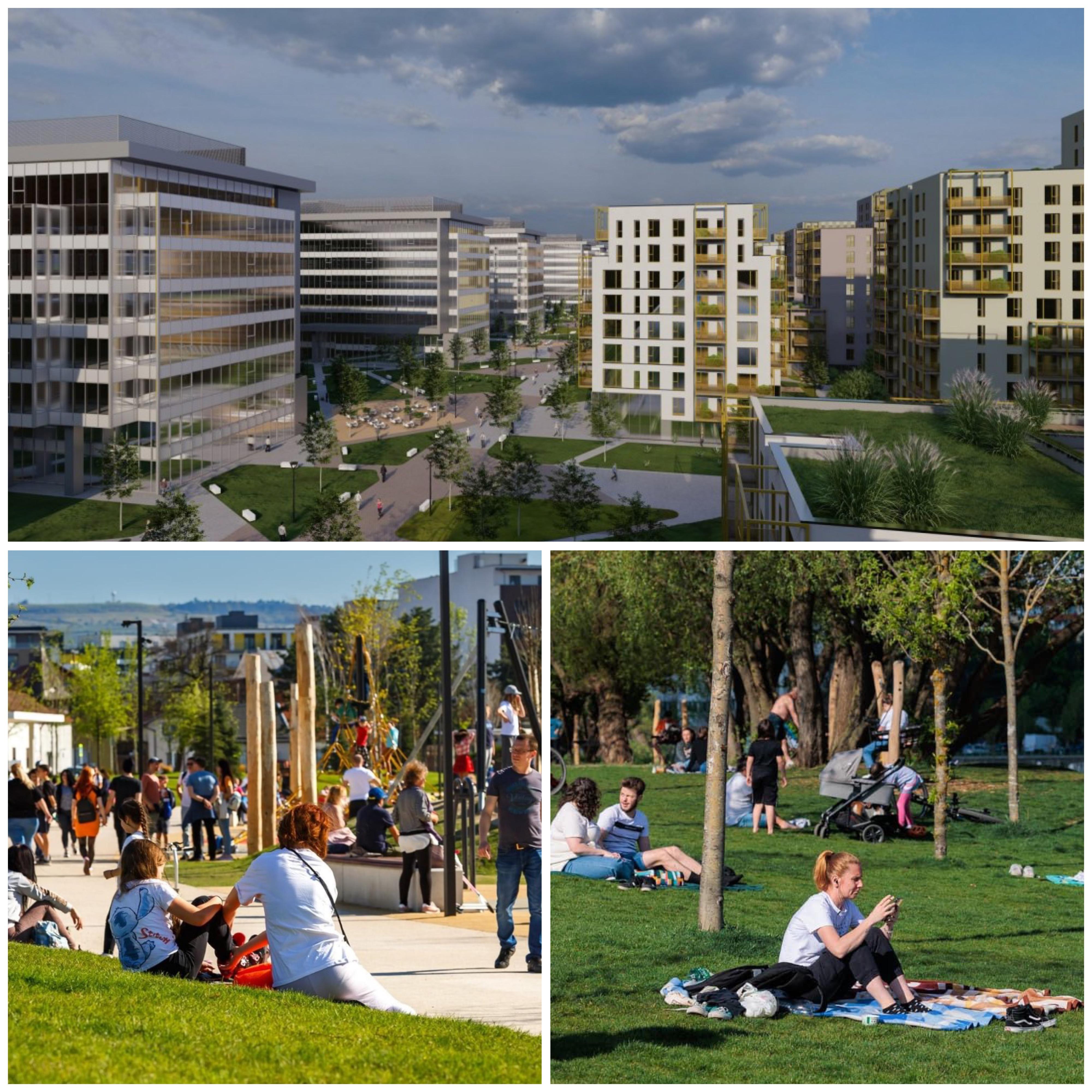 Într-o zonă rezidențială, spațiul verde devine loc de întâlnire, de joacă, de sport sau de relaxare și contribuie la coeziunea comunitară, la dezvoltarea armonioasă a copiilor și la integrarea socială a tuturor categoriilor de vârstă. Foto: Prime Kapital, Municipiul Cluj-Napoca, colaj monitorulcj.ro