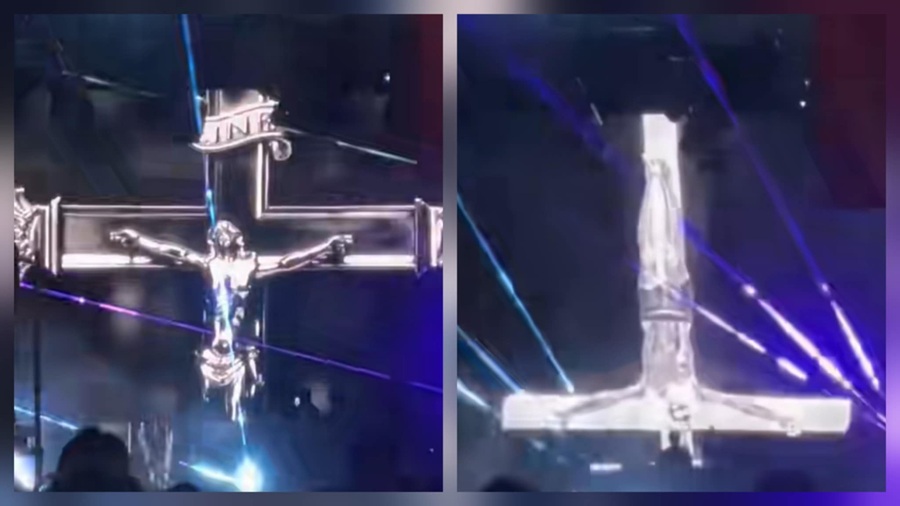 În timpul shw-ului lui Oscar pe scena Alchemy a apărut pe ecrane două imagini șocante: una cu Iisus Hristos răstignit și una cu o cruce întoarsă pe care se afla Mântuitorul| Foto: Tik Tok
