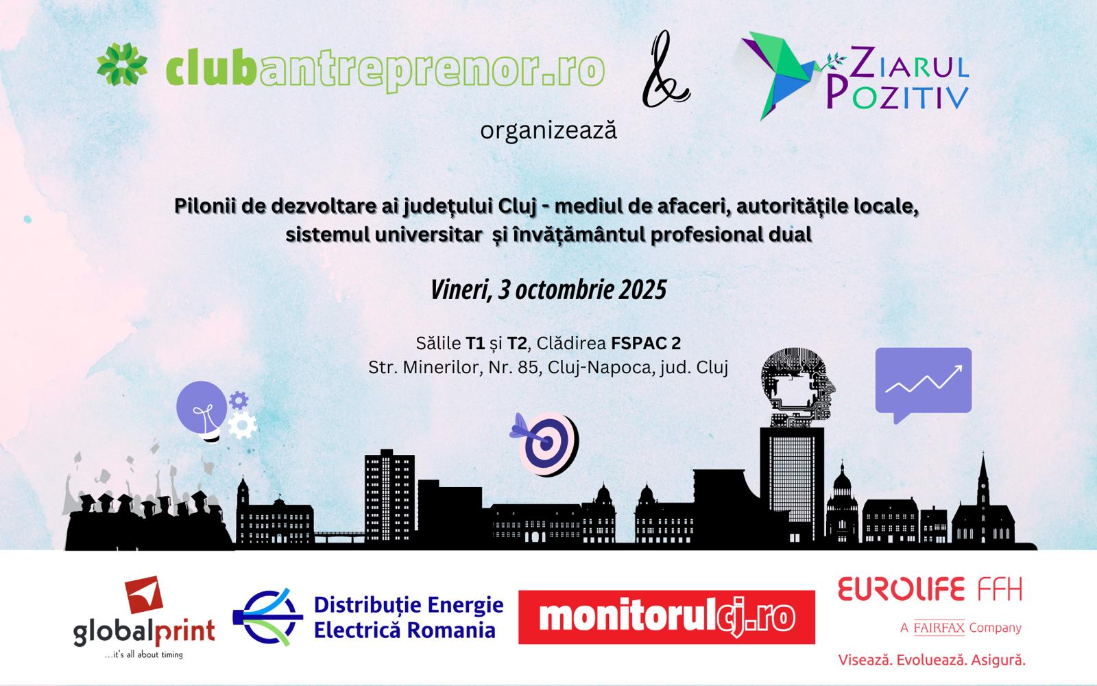 Conferința „Pilonii de dezvoltare ai județului Cluj” este organizată de Club Antreprenor și Ziarul Pozitiv. Partenerii evenimentului sunt: Tipografia Global Print, Distribuție Energie Electrică România (DEER), Monitorul de Cluj / monitorulcj.ro, Eurolife FFH Asigurări, Prezidențial Club ABC și Fundația „Pentru o Românie Modernă”.