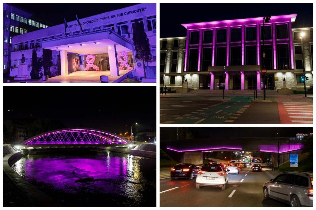 Mai multe clădiri și poduri din Cluj-Napoca au fost ilimunate simbilic cu roz cu ocazia Zilei Mondiale împotriva cancerului la sân | Foto: Facebook, Primăria Cluj-Napoca