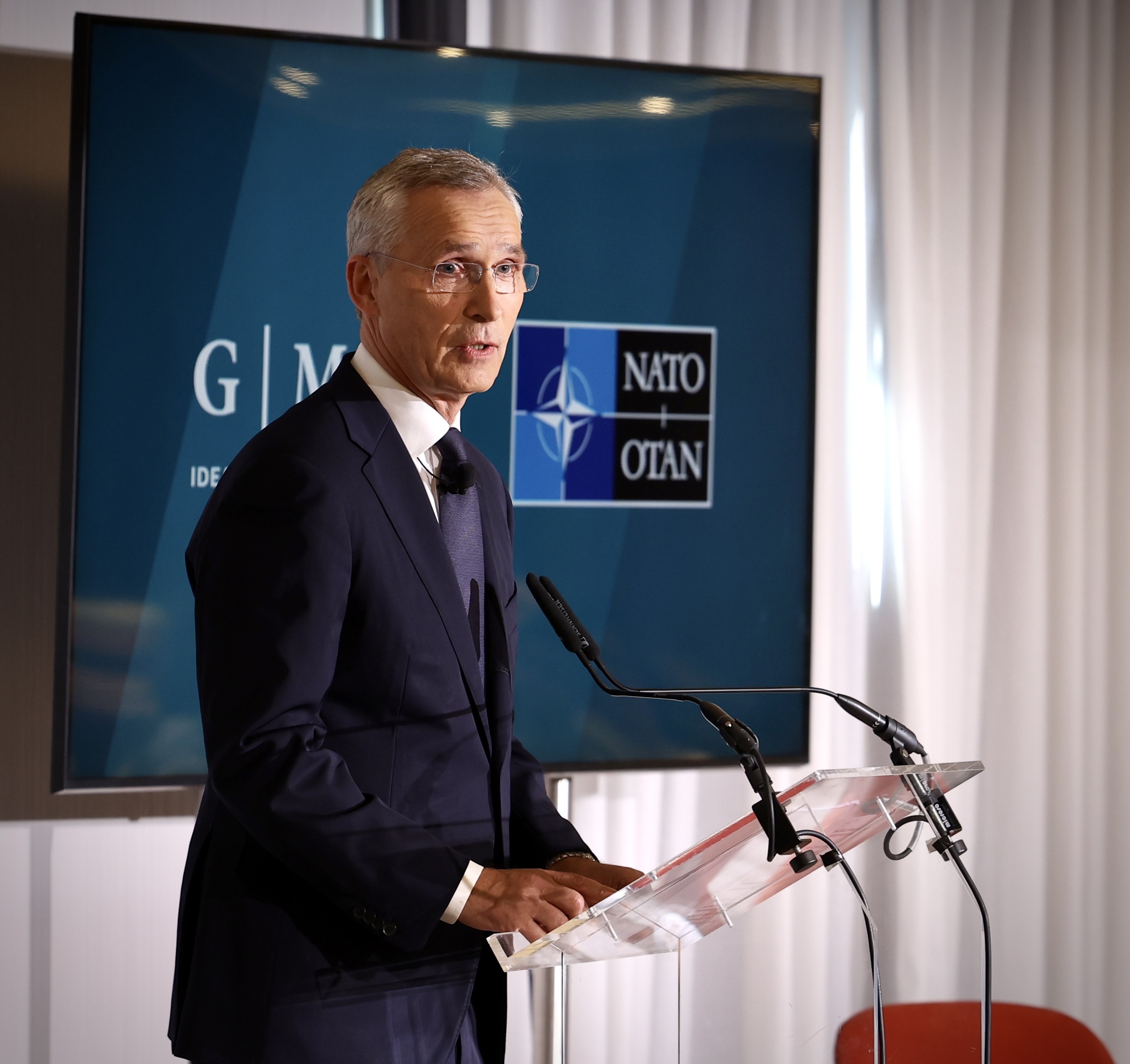Fostul secretar general al NATO, Jens Stoltenberg, discurs la un eveniment găzduit de Fondul Marshall German, septembrie 2024|Foto: nato.inte