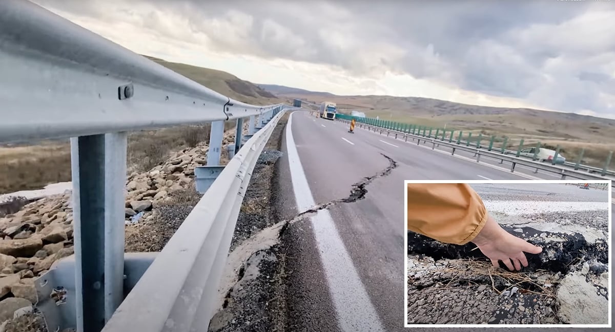 Problemele continuă cu fisurile la A10. Acum s-a surpat o bucată de drum pe sensul Turda - Aiud | Foto: Captură video YouTube - ziarulunirea.ro