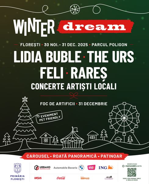 Târgul de Crăciun din Florești aduce magia sărbătorilor în comunitate. Lidia Buble, The URS, Feli și Rareș, printre artiștii care vor urca pe scena Winter Dream 2025.