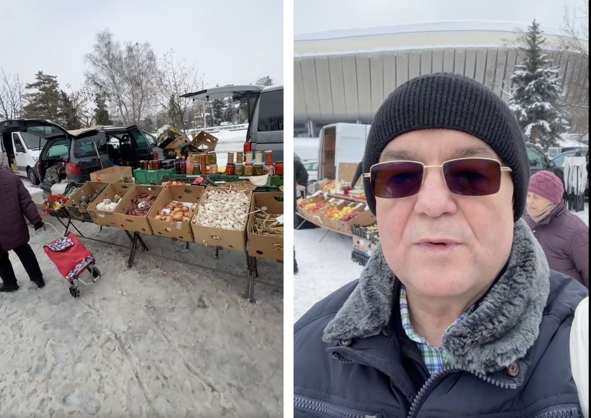 Producătorii locali nu s-au speriat de frig și au ieșit să vândă în piața volantă de la Cluj Arena | Foto: Captură video Facebook, Emil Boc