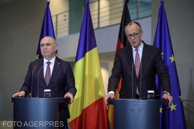 Conferință de presă comună susținută de cancelarul Republicii Federale Germania, Friedrich Merz (dreapta) și premierul Ilie Bolojan (stâga), în cadrul vizitei efectuate în Republica Federală Germania, miercuri, 28 ianuarie 2026 |Foto:  RADU TUTA / AGERPRES FOTO