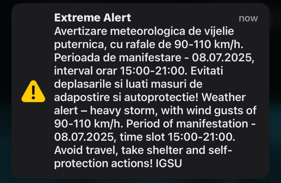 Mesaj de tip RO ALERT | Foto: ISU Cluj