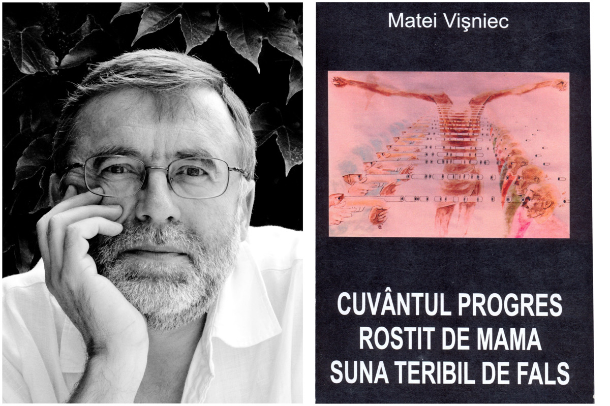 Matei Vișniec și coperta volumului „Cuvântul progres rostit de mama sună teribil de fals” | Foto: Răzvan Socol