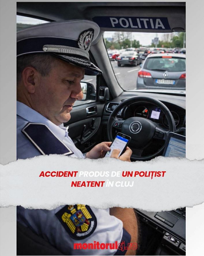 Accident rutier produs de un polițist neatent, la Cluj: era distras de telefon|Foto: Imagine generată cu ajutorul AI